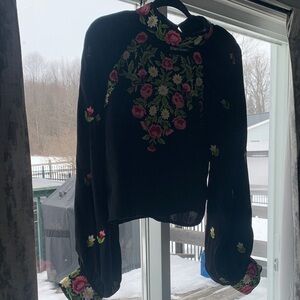 Free People Black Floral Embroidered Blouse